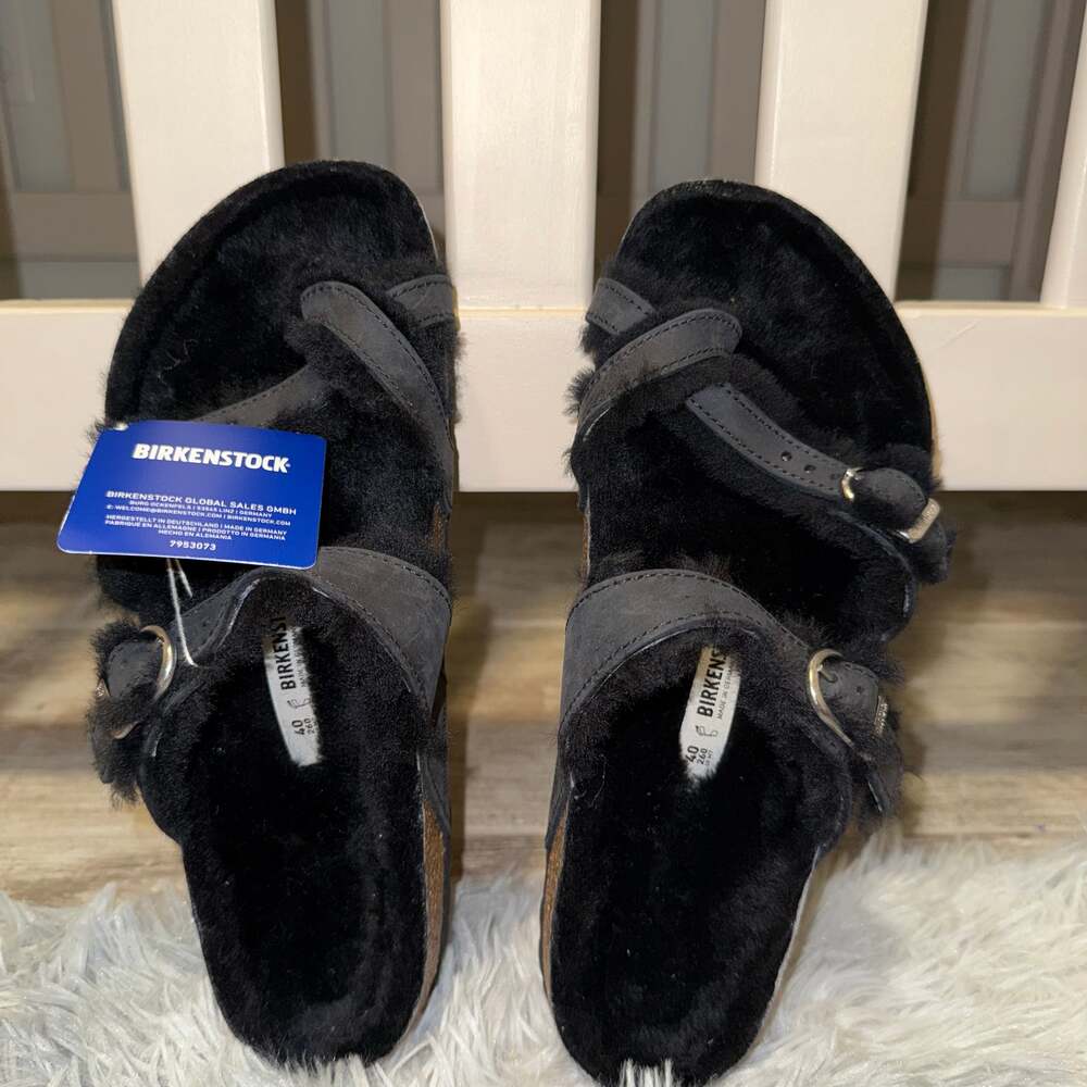 Birkenstock Mayari Black Shearling Oiled Leather Sandals